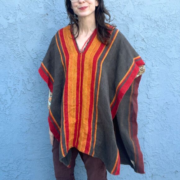 Vintage Poncho Cape Striped Finnish Textile Rug Bohemian decor - Picture 2 of 13